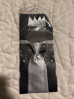 Men's Silver Satin Tie Set with Pocket Square and Cufflinks